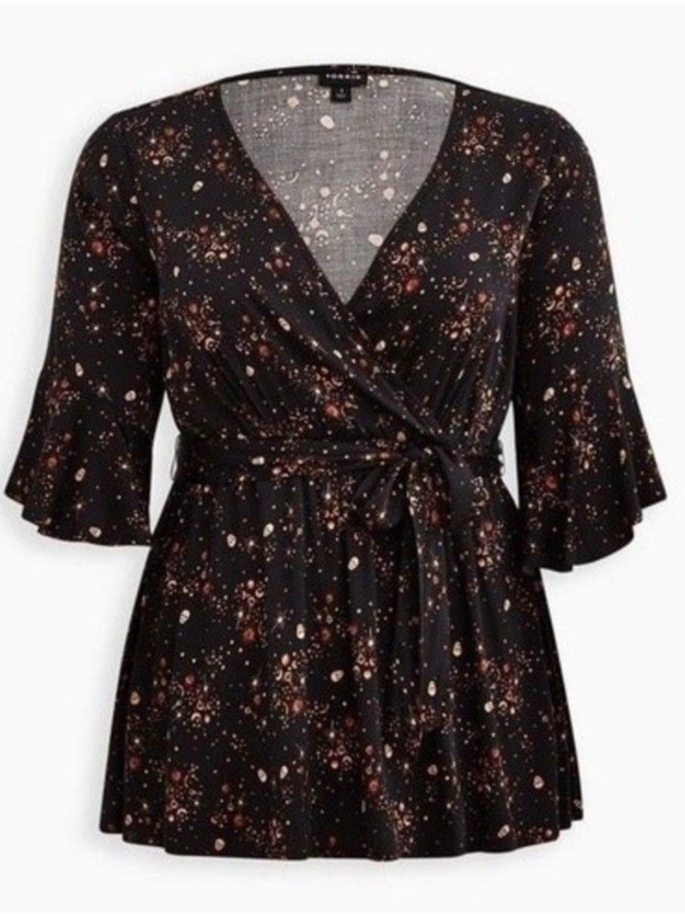 Torrid Black And Gold Celestial Print Flowy V-Neck Short Sleeve Blouse